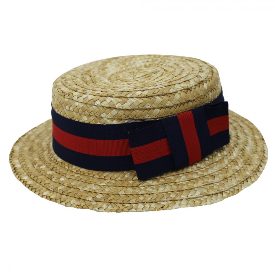 Adult Straw Boater Hat Red and Blue Ribbon